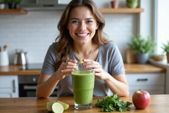 Donna sorridente che beve un frullato verde