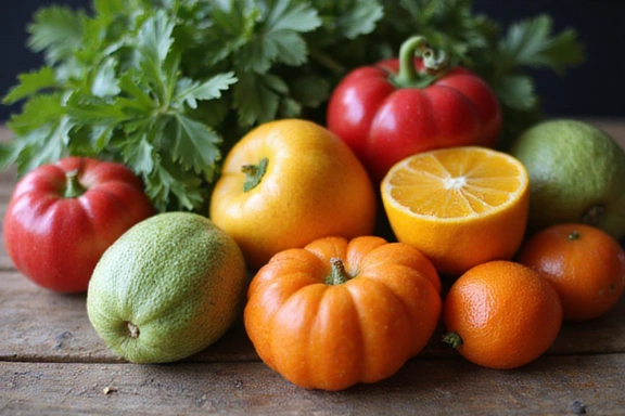 Frutta e verdura fresca su un tavolo di legno