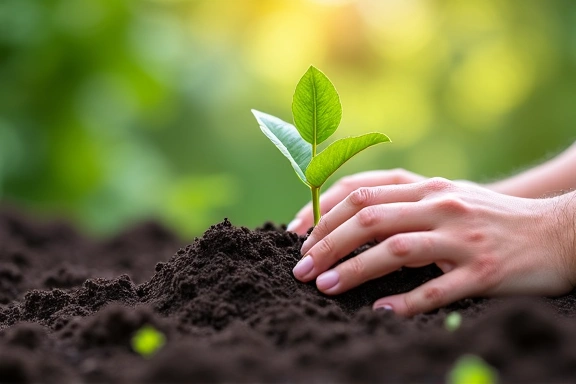Mani che piantano un piccolo albero in un terreno fertile