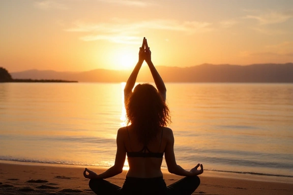 Persona che fa yoga al tramonto su una spiaggia