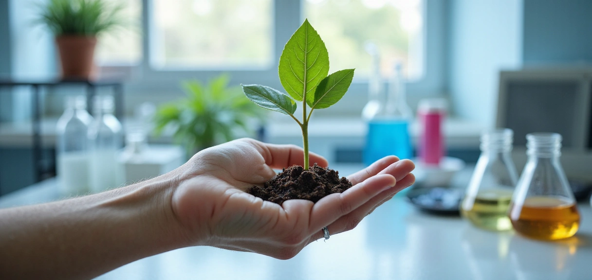 Mano che tiene una pianta verde con provette da laboratorio sullo sfondo, a simboleggiare scienza e natura.