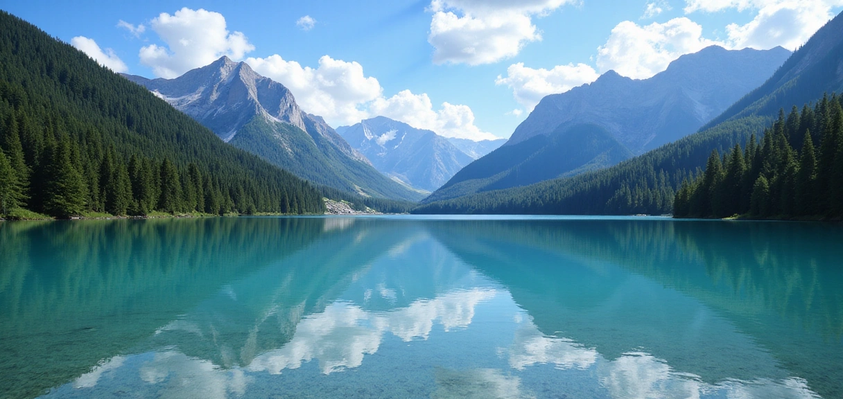 Paesaggio naturale incontaminato con montagne e lago.