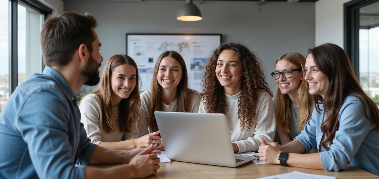 Un gruppo diversificato di persone che collaborano e si sorridono in un ambiente di lavoro moderno e luminoso.